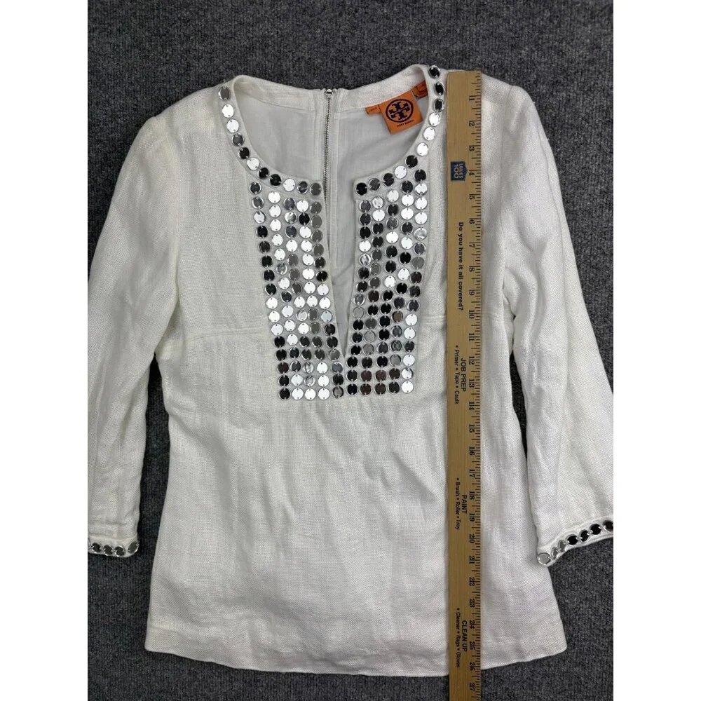 Tory Burch Linen Blouse Womens 4 White Mirror Sequin Embellished‎ 3/4 Sleeve